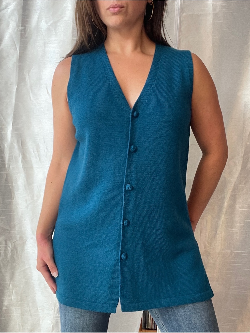 Valerie Stevens Sweater Vest Women's Medium Teal Blue Merino Wool Preppy 90s